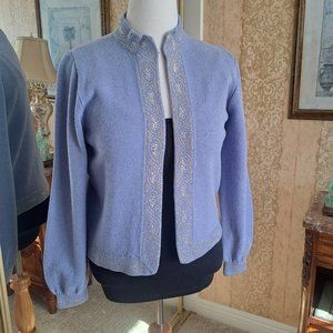 VINTAGE ST. JOHN SANTANA BLUE KNIT CARDIGAN JACKET DRESSY PAILLETTES SIZE 12
